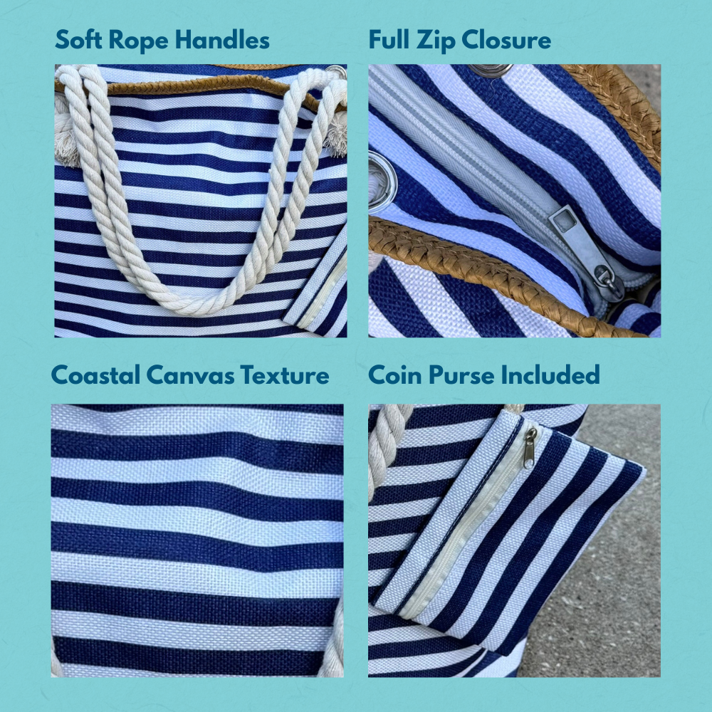 Oversized Navy and White Stripe Beach Tote Bag with Zipper Closure