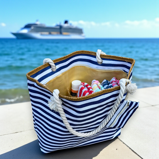 Navy and white striped beach bag with zipper shown in bright coastal setting with cruise ship and ocean view in background