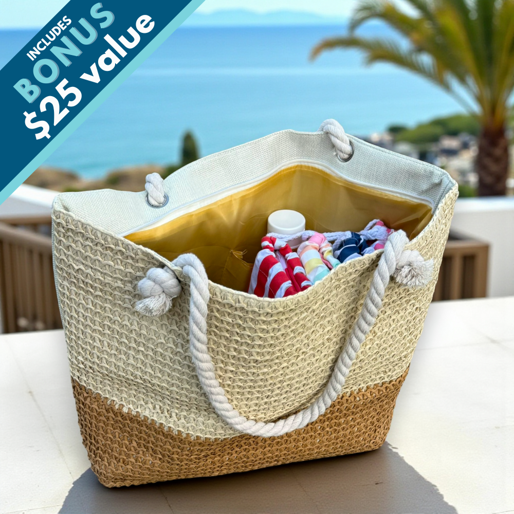 Straw beach bag filled with beach essentials with zipper shown at resort with ocean view and $25 bonus banner in corner
