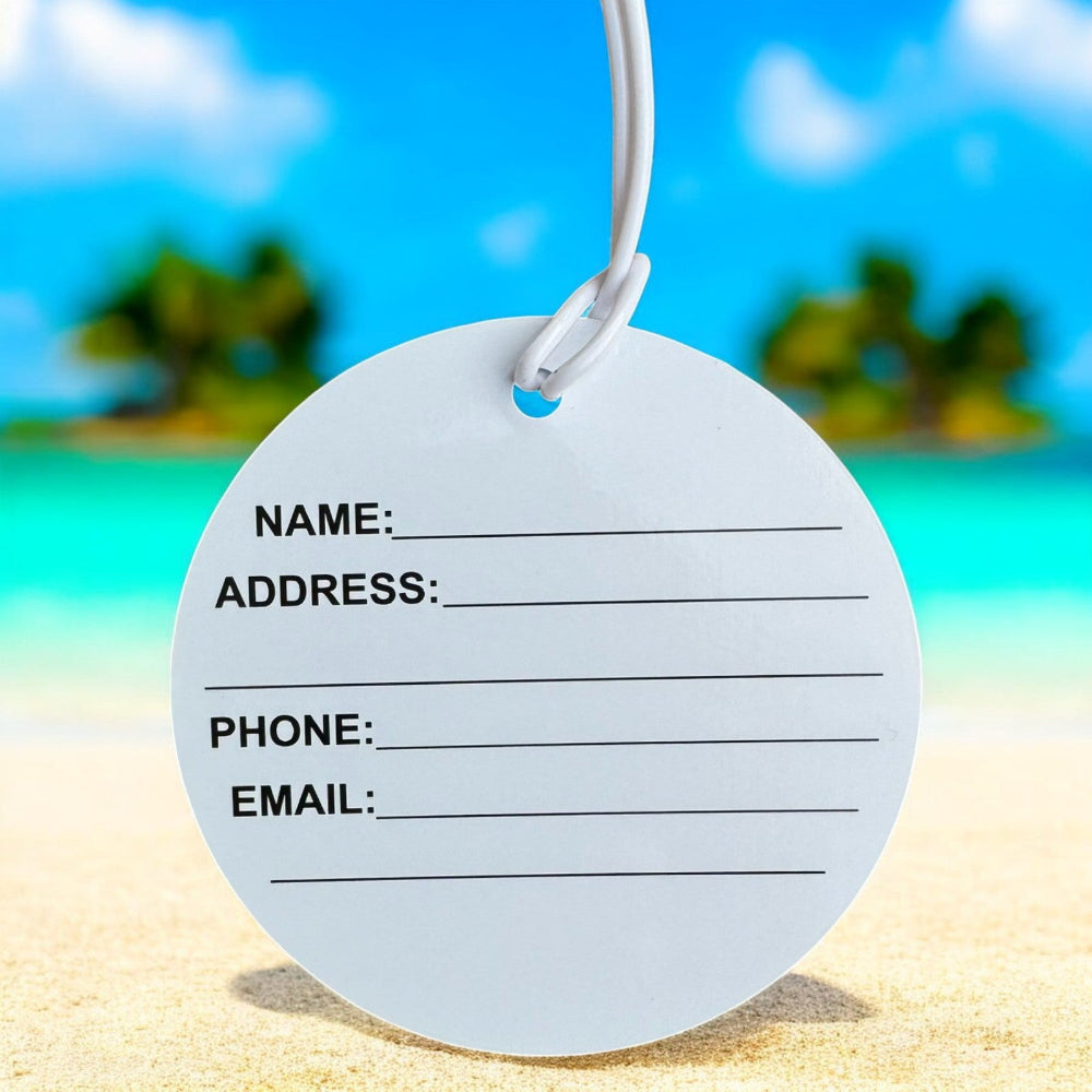 Back View of Luggage Tag – A detailed view of the back side of the luggage tag, featuring dedicated spaces to write personal information for easy identification.