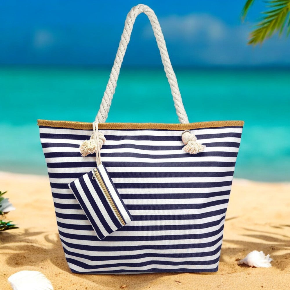 Oversized Navy and White Striped Beach Tote Bag with Rope Handles Breezy Cove