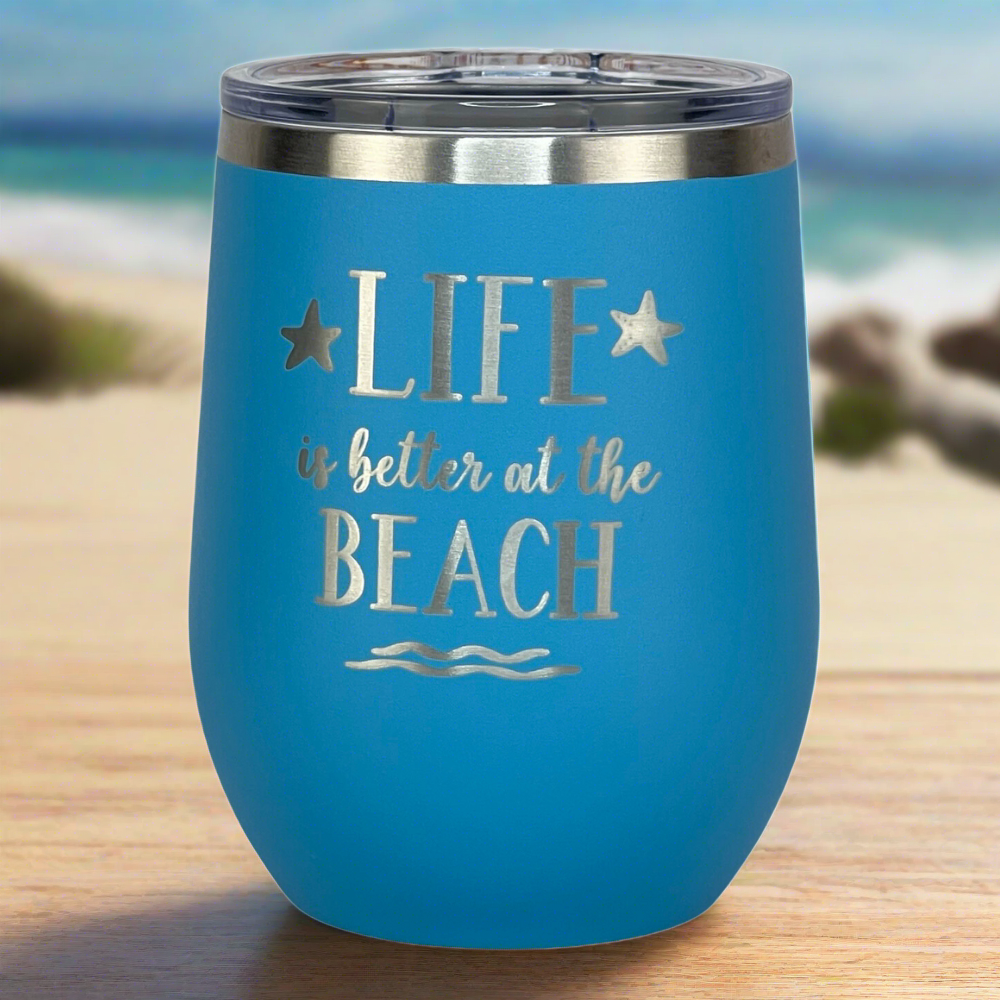 Eco-friendly ocean blue insulated tumbler with engraved beach quote