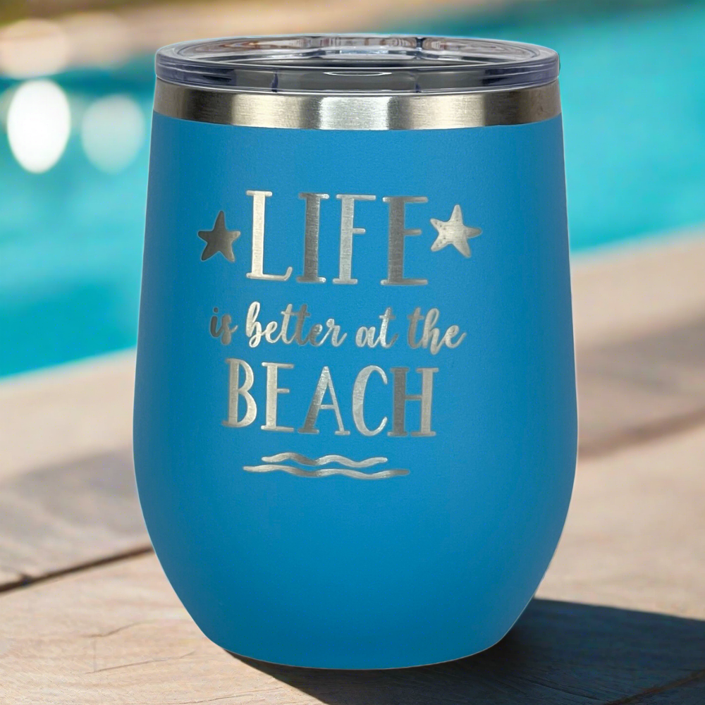 Close-up of ocean blue insulated tumbler, ideal for coffee or cocktails