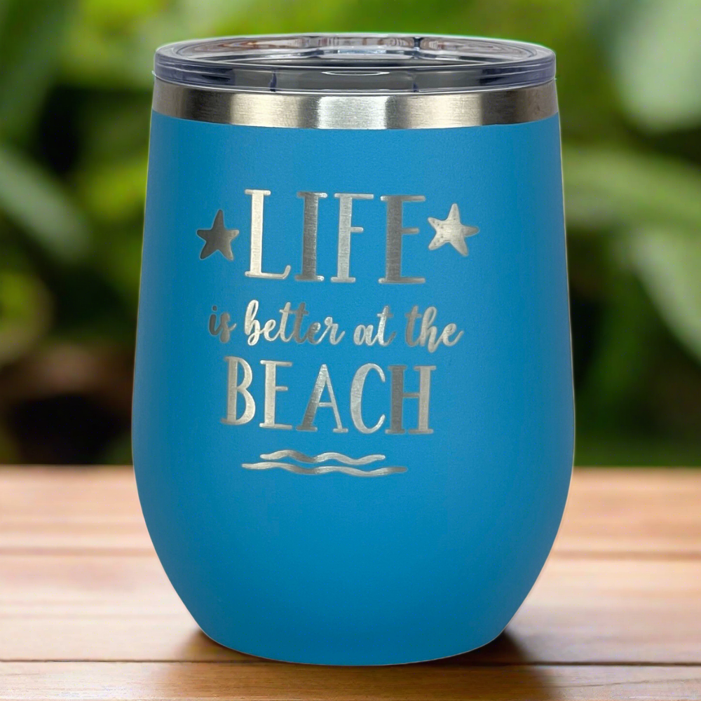 Beach-themed ocean blue tumbler with secure lid and sleek design