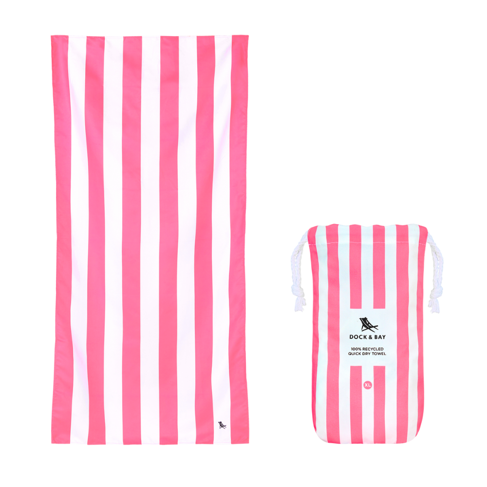 hot bright pink and white striped quick dry Dock and Bay extra large beach towel with carrying bag