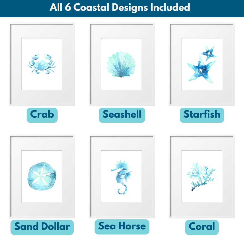 All 6 watercolor coastal art prints displayed side by side with style names: seashell, sea horse, coral, sand dollar, starfish, and crab. Printed on 8x10 matte cardstock in soft beachy tones.