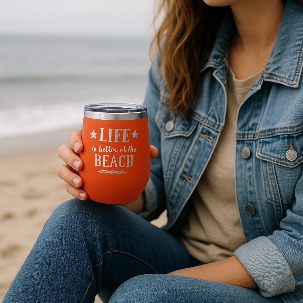 woman sitting on the beach holding a coral wine tumbler with the ocean in the background