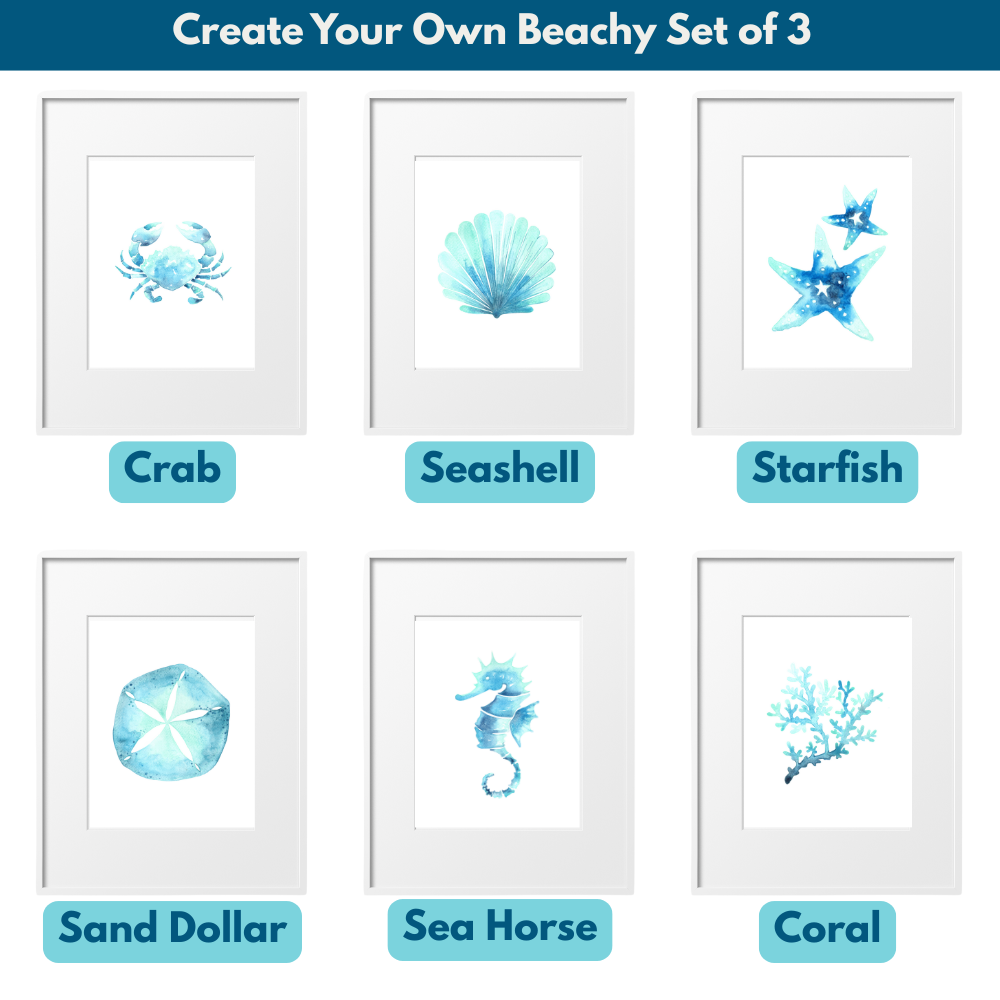 Create your own beachy set of 3 watercolor art prints featuring sea life designs. Choose from crab, sand dollar, coral, sea horse, starfish, and seashell prints.