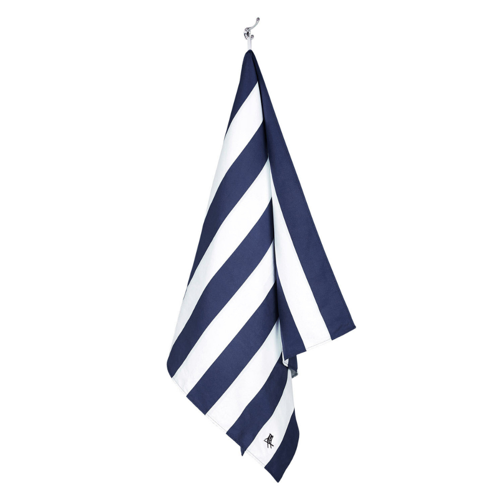 Navy blue beach towel with elastic hook for hanging to dry
