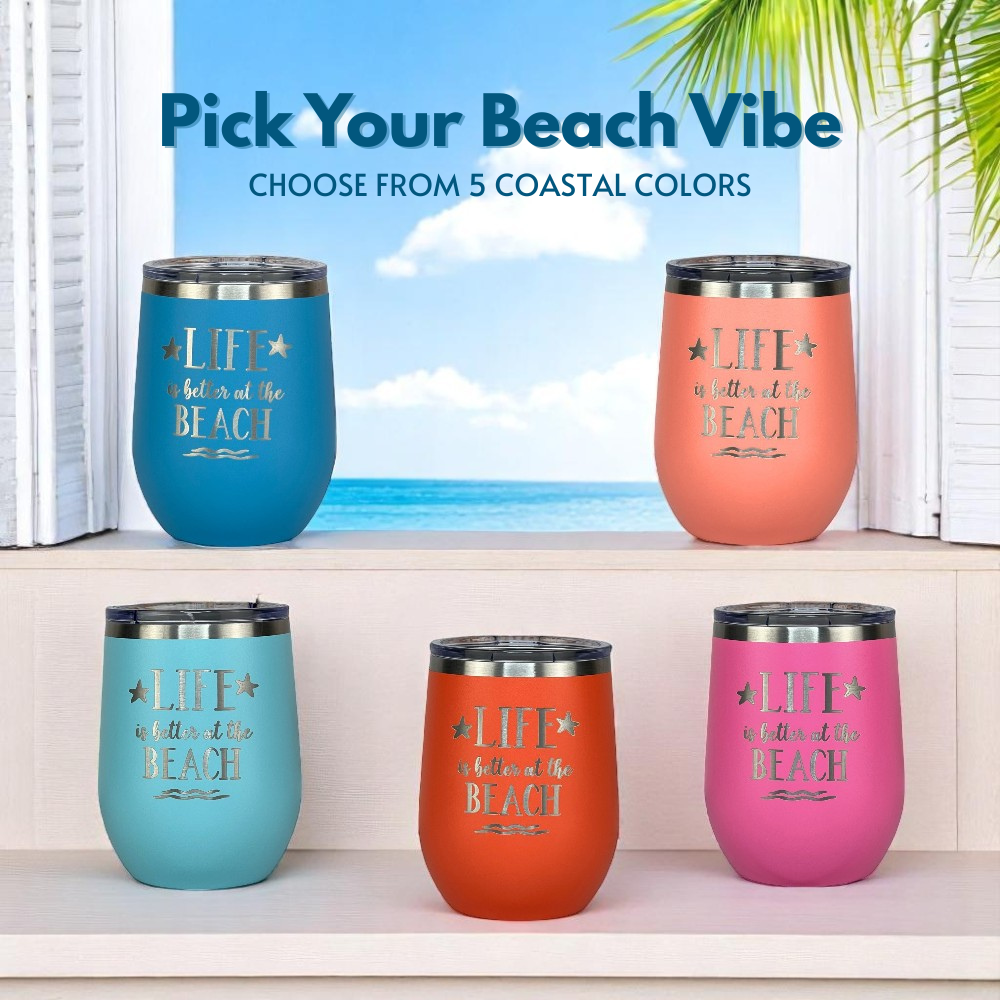 insulated wine tumblers in 5 coastal colors, ocean blue, peach, teal, coral and pink