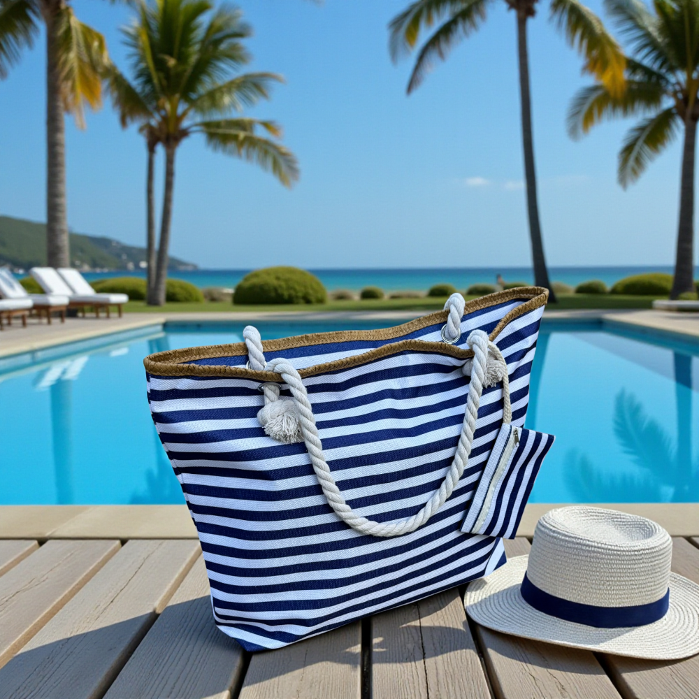 Navy and white striped beach bag with zipper beside a pool and sun hat under bright coastal light.