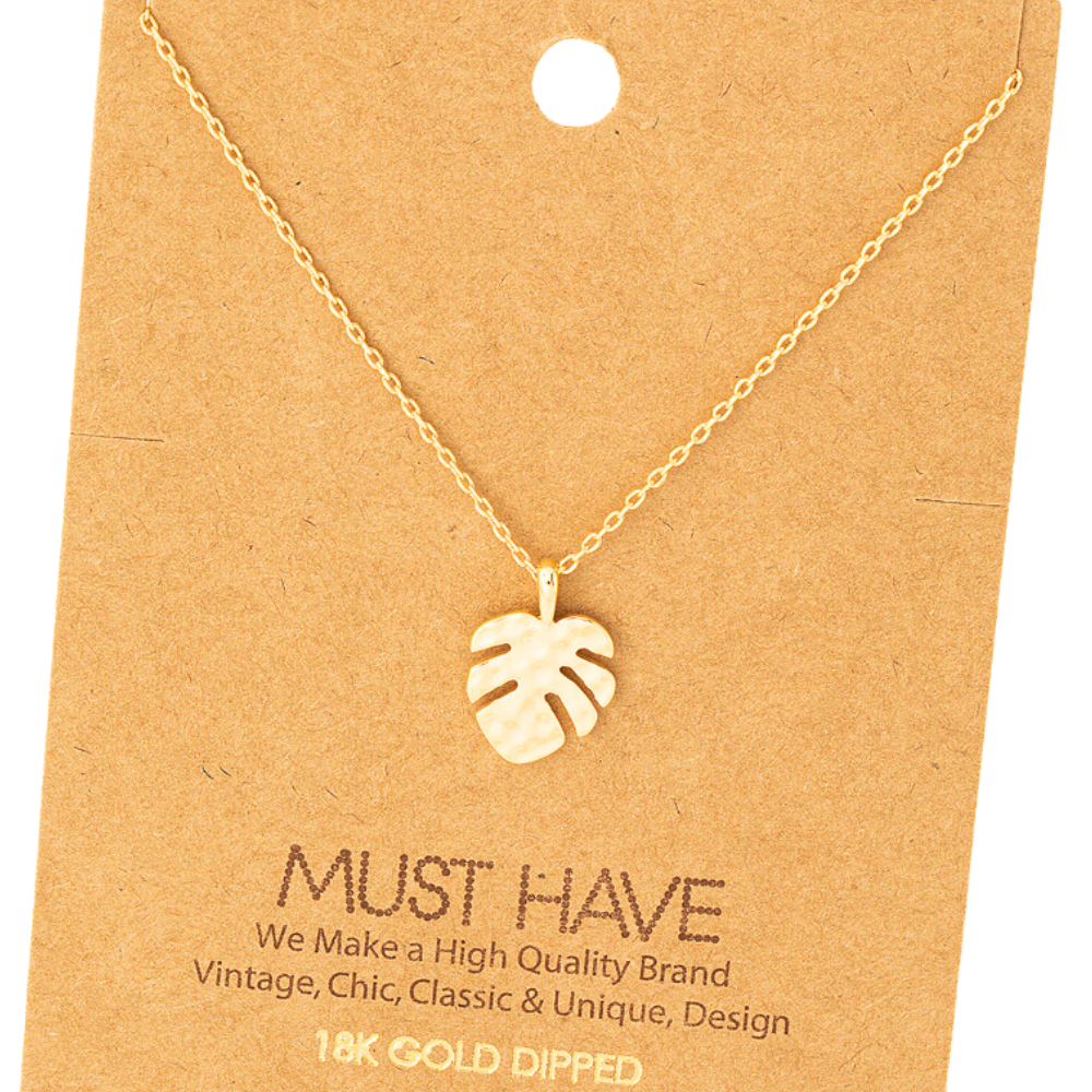 18k gold dipped hammered monstera leaf pendant necklace – tropical jewelry