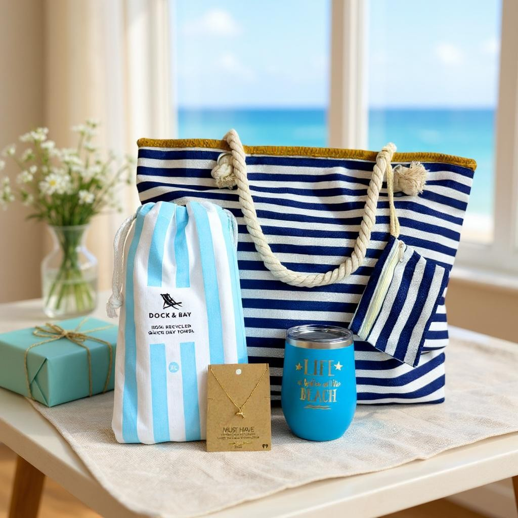 Nautical-themed tote bag with a blue and white striped design, placed on a gift table with flowers and gifts
