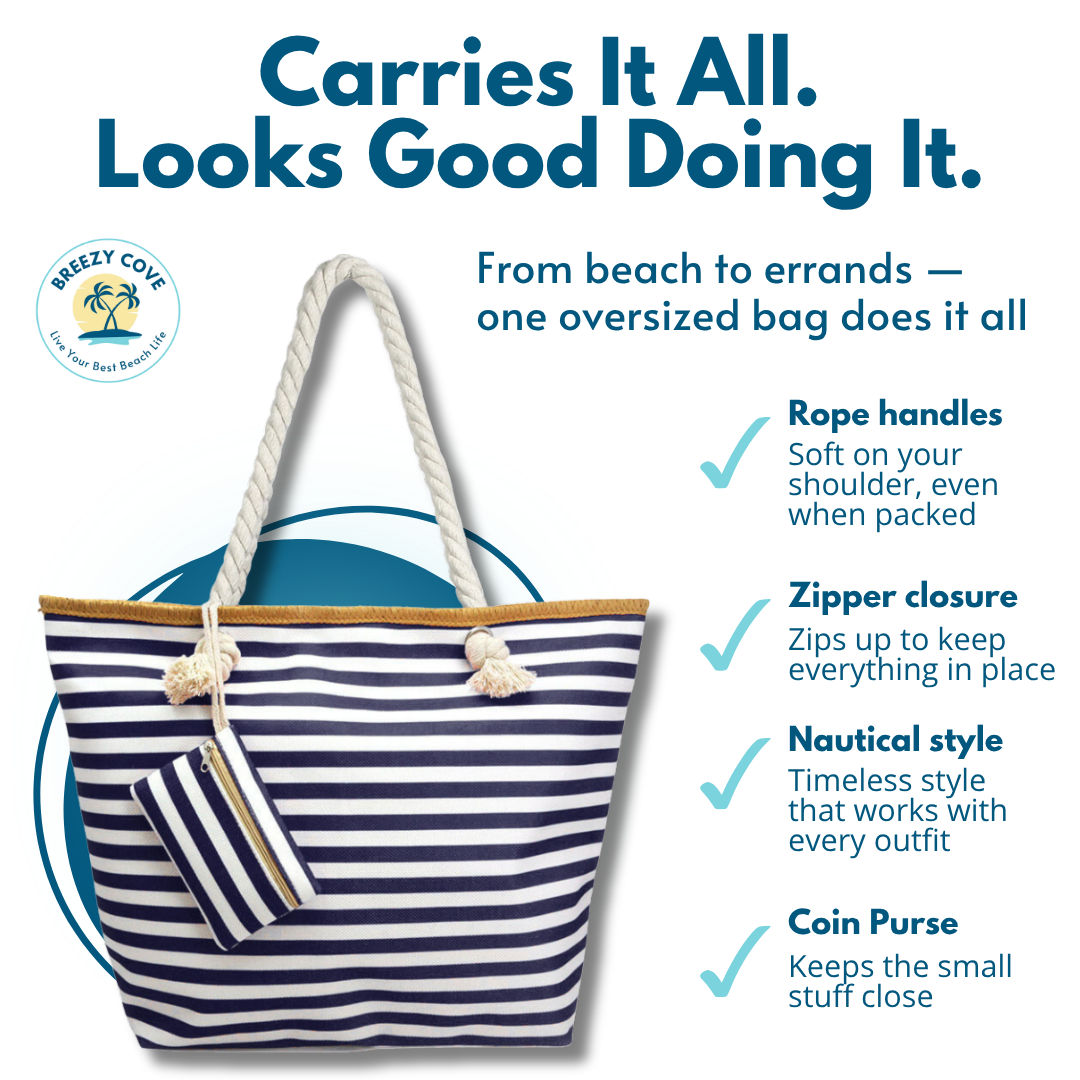 Nautical-style striped bag with rope handles and coin purse with product features