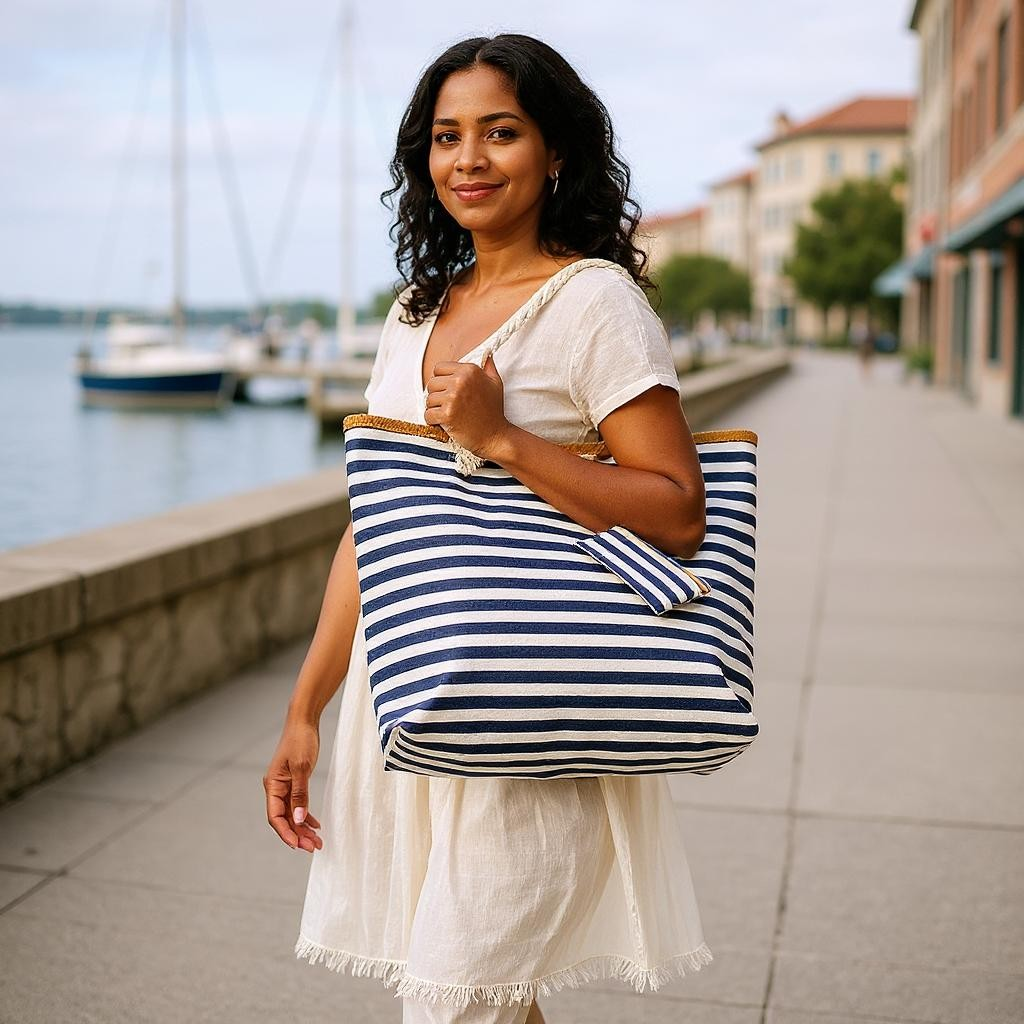 Woman holding a navy and white striped nautical bag by a waterfront with marina in the background