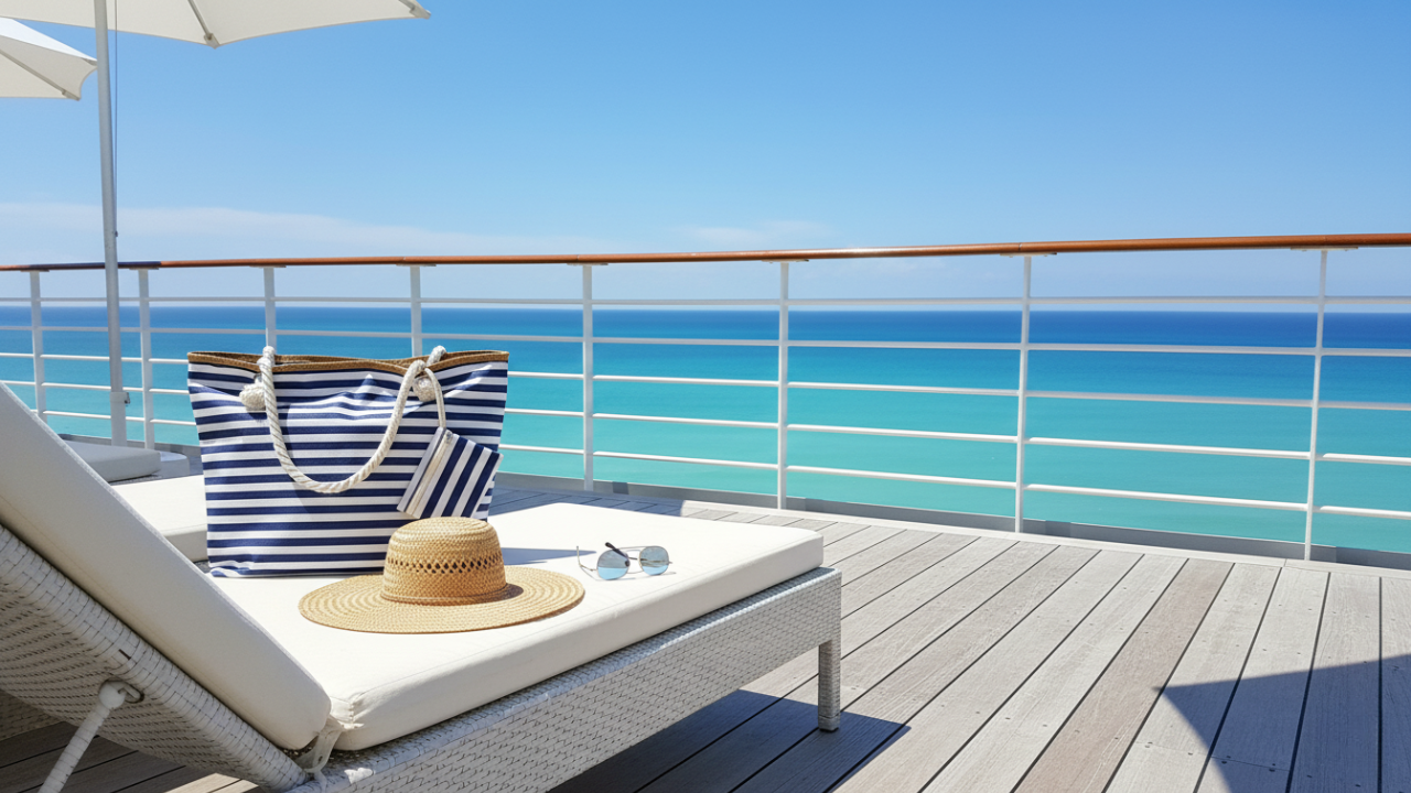 Navy and white striped oversized beach bag with rope handles on a bright cruise deck overlooking turquoise ocean water, capturing a relaxed coastal getaway feel.