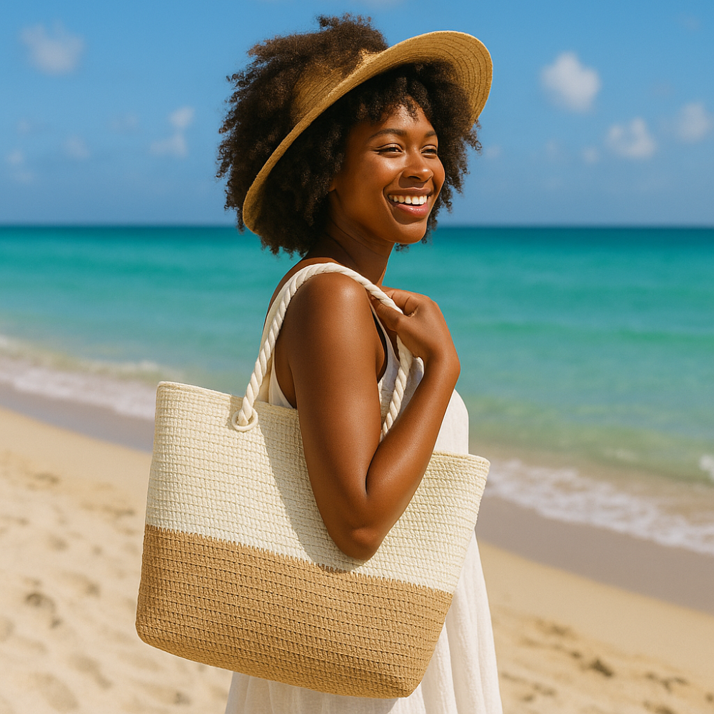 African-American woman on sunny shoreline holding two-tone straw beach tote with rope handles and zipper – stylish beach bag accessory for women.
