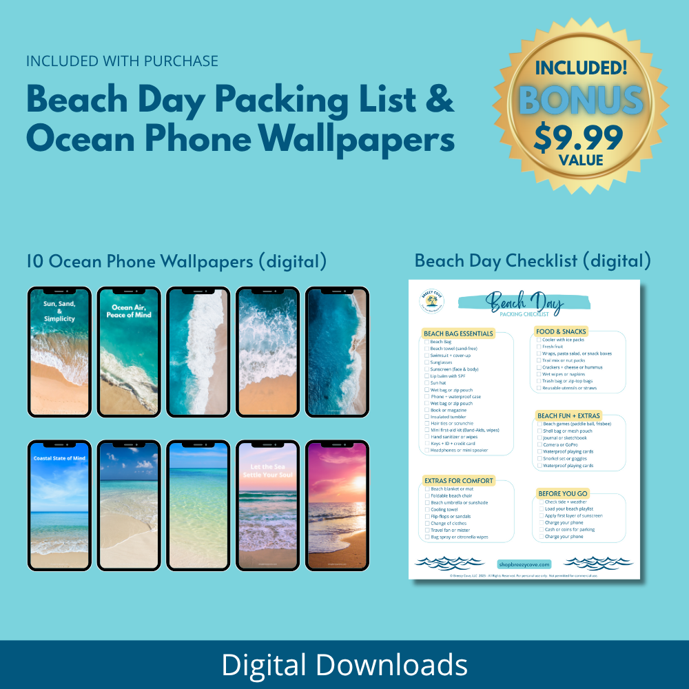 Bonus items included with oversized beach tote bag: beach day checklist, ocean phone wallpapers