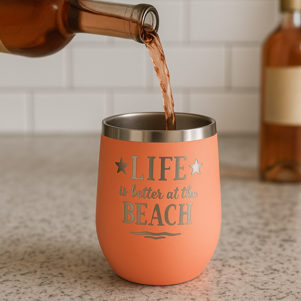 peach wine tumbler on a kitchen counter with rose wine being poured into the tumbler and a bottle of wine in the background