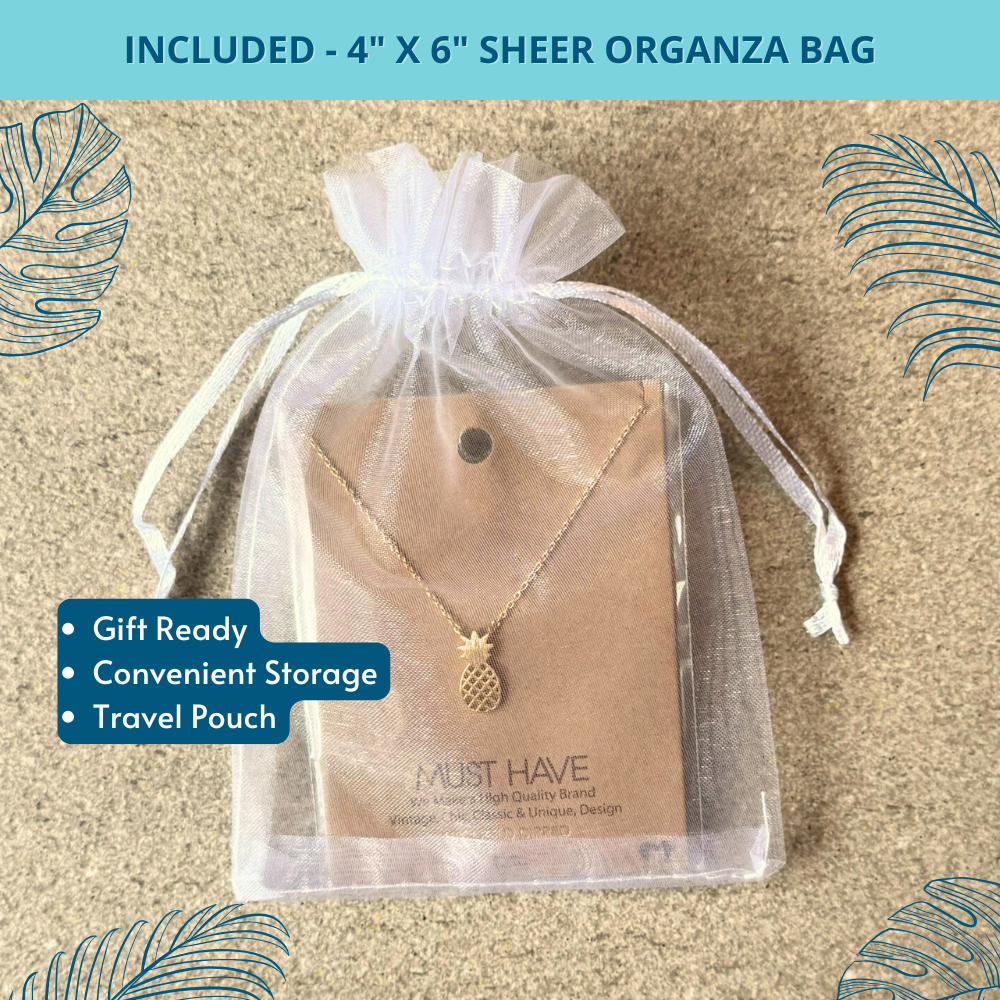 Elegant pineapple pendant necklace in 18k gold, neatly packaged in a white organza gift bag, ibeach necklace gift for women