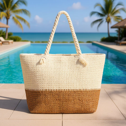 Straw beach bags with zipper on a pool deck with ocean view. Quality beach bag under $50.