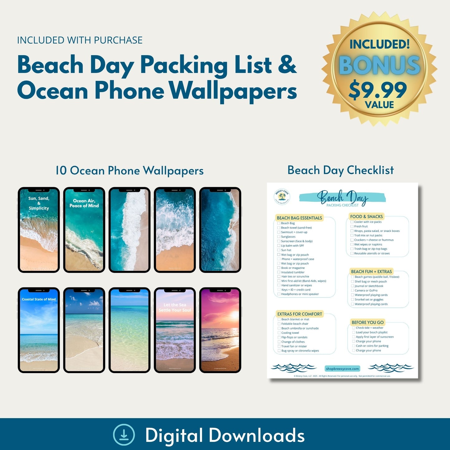Bonus items styled with our tote beach bags, including a beach day checklist and digital phone wallpapers.