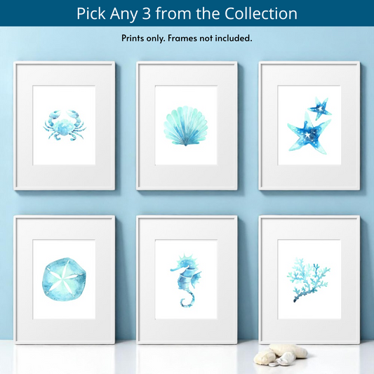 All six watercolor beach art prints displayed together, featuring crab, sand dollar, coral, sea horse, starfish, and seashell designs. Customers can choose any three for a custom 8x10 print set.