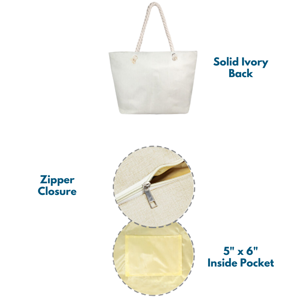 Close-up of zipper closure on beach tote bag