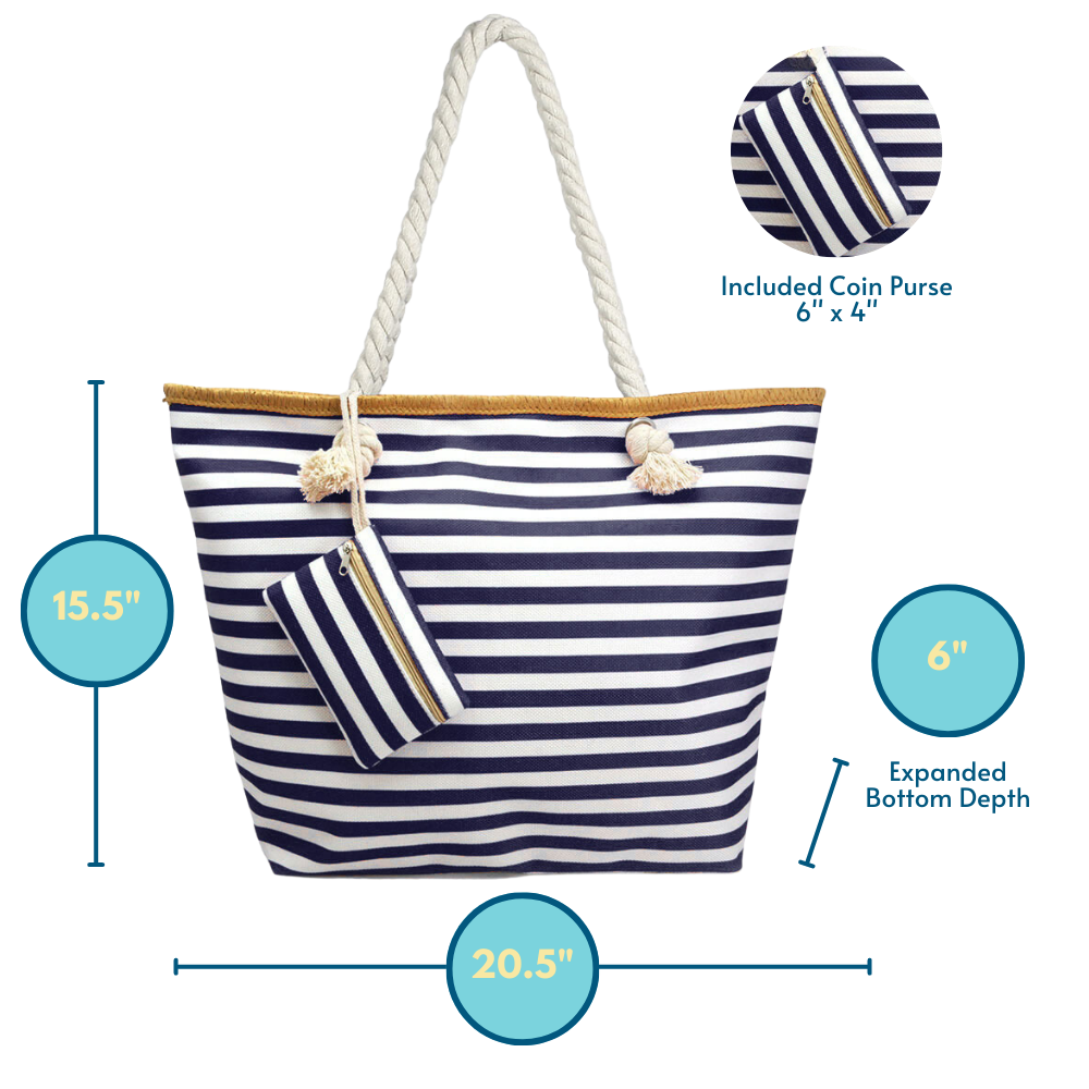Navy and white striped beach tote bag with dimensions labeled 20.5 inches wide, 6 inches deep, and 15.5 inches tall, including 6x4 inch coin purse