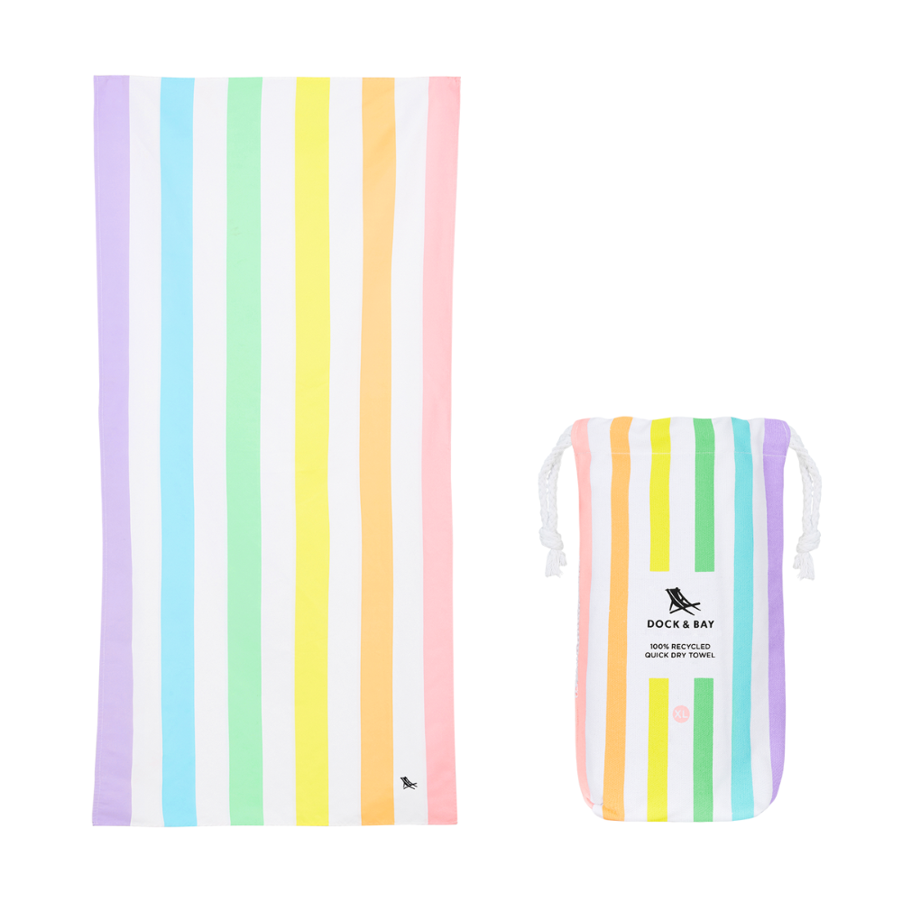 bright, Dock & Bay pastel rainbow striped quick dry, sand free beach towel with bag