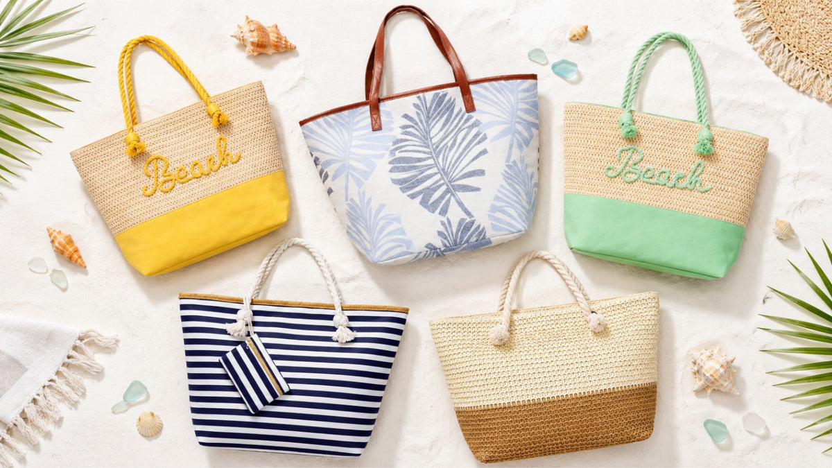 Five beach tote bags for women with zipper closures — straw and canvas styles from Breezy Cove