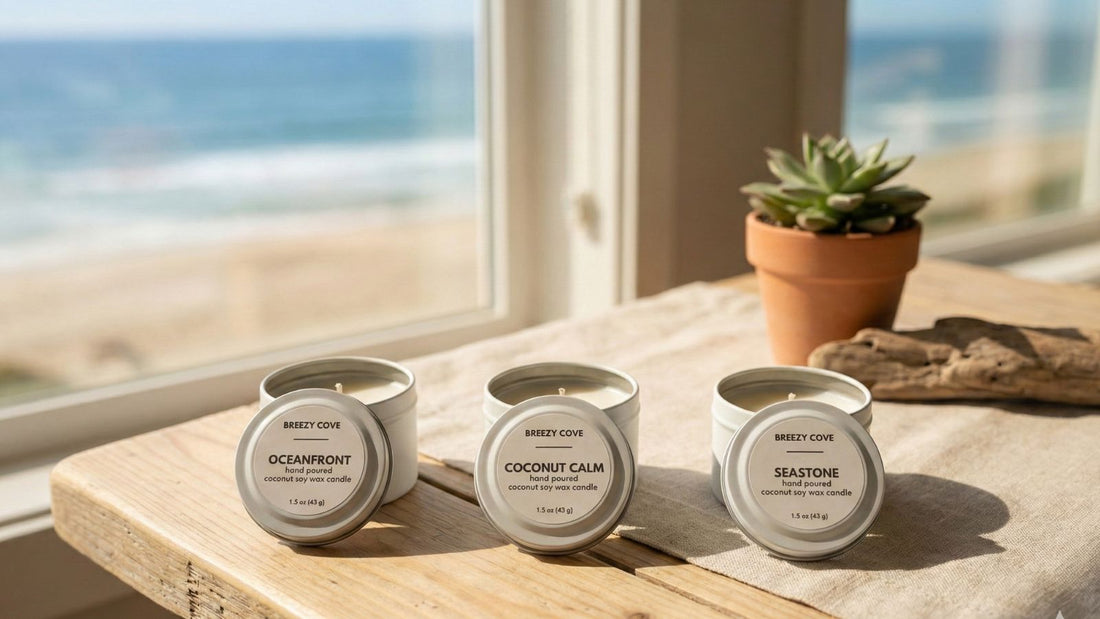 Gifts for beach lovers, Breezy Cove Mini Beach Candle Gift Set with Oceanfront, Coconut Calm, and Seastone scents displayed in a coastal, beach-inspired setting.