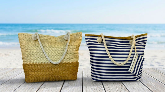 Two oversized beach bags under $50—a straw beach bag and a navy striped zip-top tote—styled side by side.