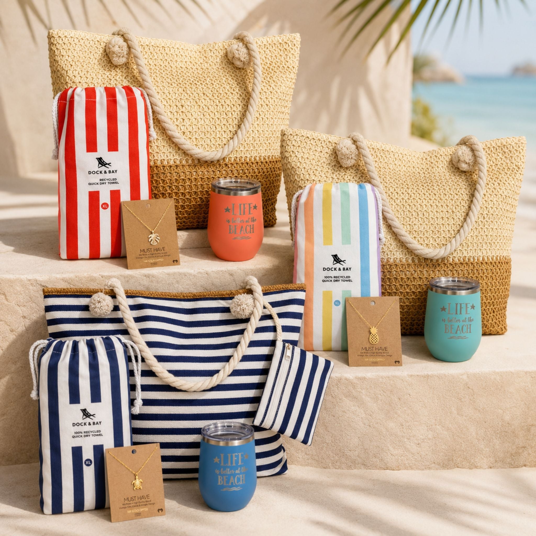 beach lover gift set idea for her with straw beach bag, pastel striped beach towel, teal beach tumbler and pineapple beach necklace.