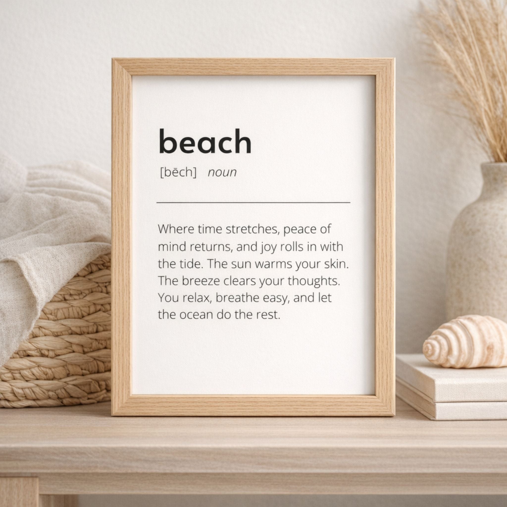 Flat lay of coastal watercolor art prints featuring seashells, starfish, coral, and sea horses on white wood background — 8x10 unframed beach wall art
