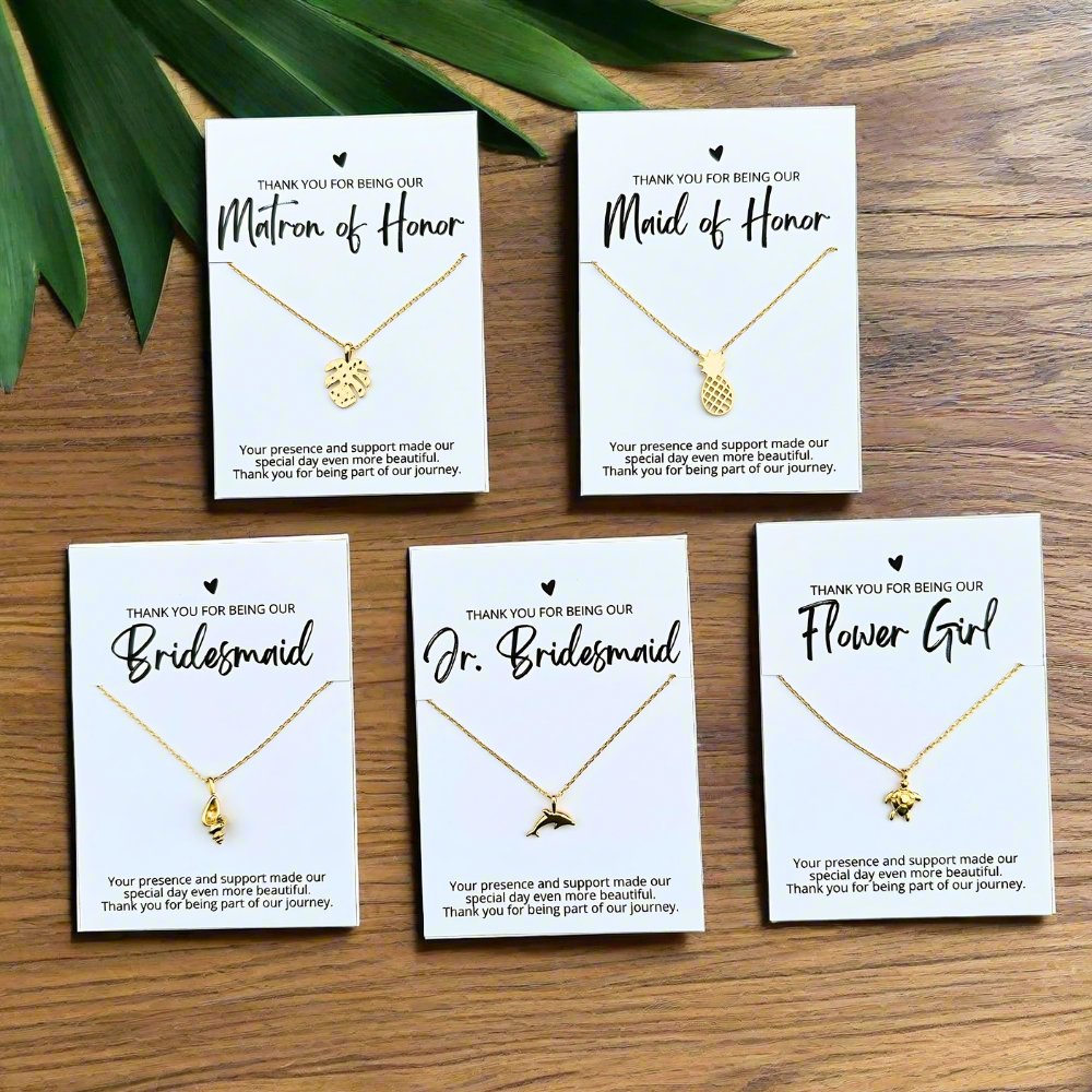 beach wedding bridal party gift, 18k gold dipped necklace for matron of honor, maid of honor, bridesmaid, jr. bridesmaid and flower girl