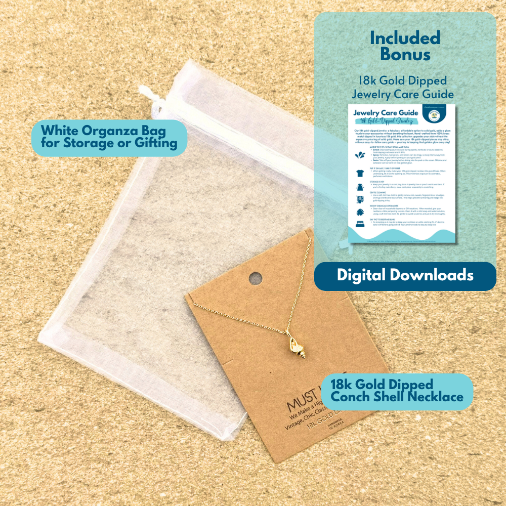 What’s included with 18k gold dipped conch shell necklace — jewelry, organza gift bag, and digital care guide for women who love the ocean.