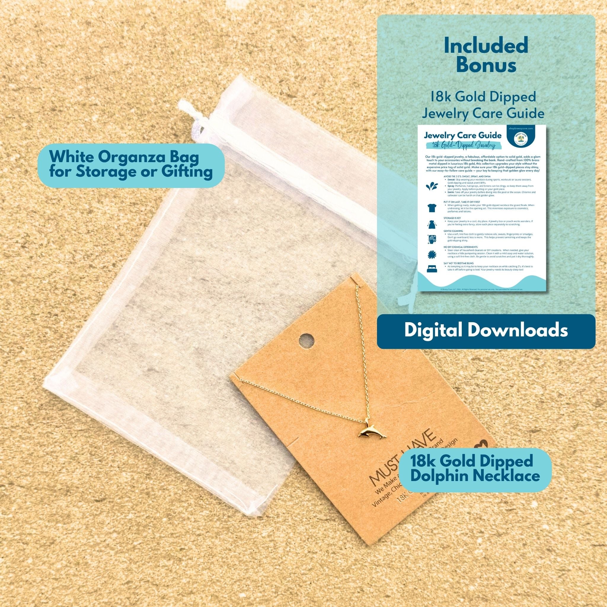 What’s included with 18k gold dipped dolphin necklace — jewelry, organza gift bag, and digital care guide for women who love the ocean.