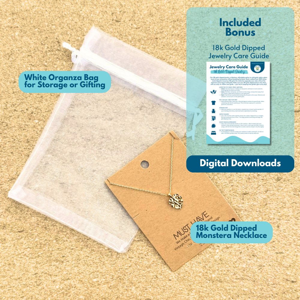 What’s included with 18k gold dipped monstera necklace — jewelry, organza gift bag, and digital care guide for women who love the ocean.