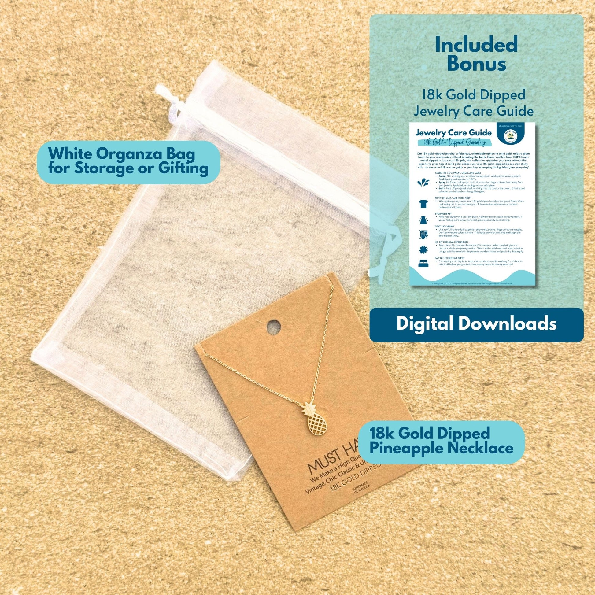 What’s included with Breezy Cove 18k gold dipped pineapple beach necklace — jewelry, organza gift bag, and digital care guide.