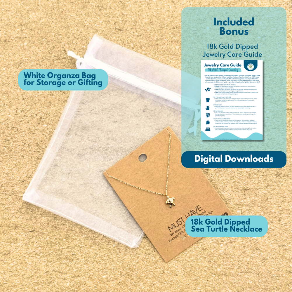 What’s included with 18k gold dipped sea turtle necklace — beach jewelry, organza gift bag, and digital care guide for women who love the ocean.