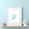 ingle 8x10 framed coral art print leaning on a light wood shelf, styled with a white sculptural coral centerpiece and a piece of natural driftwood against a light blue wall in a coastal home setting.