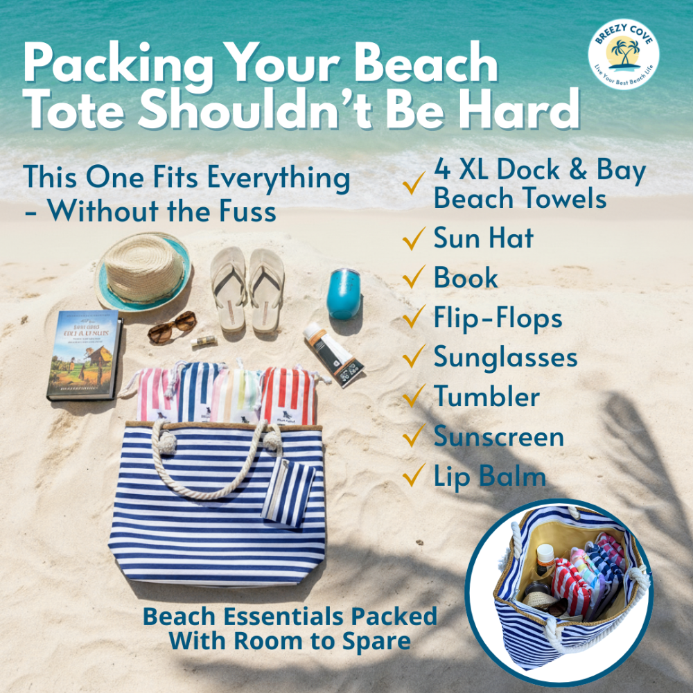 Navy and white beach bag shown with flat lay of beach essentials and checklist overlay on sand background