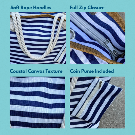 Oversized Navy and White Stripe Beach Tote Bag with Zipper Closure
