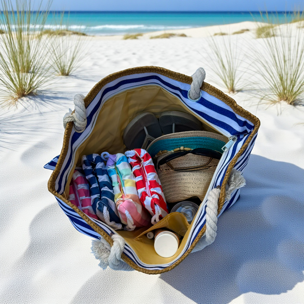 Top-down view of navy and white beach tote bag fully packed with essentials on light beach surface with ocean background