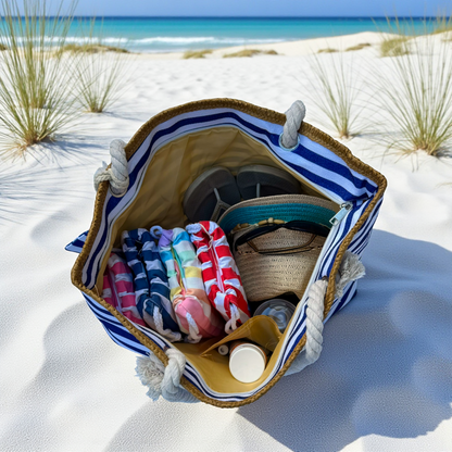 Top-down view of navy and white beach tote bag fully packed with essentials on light beach surface with ocean background