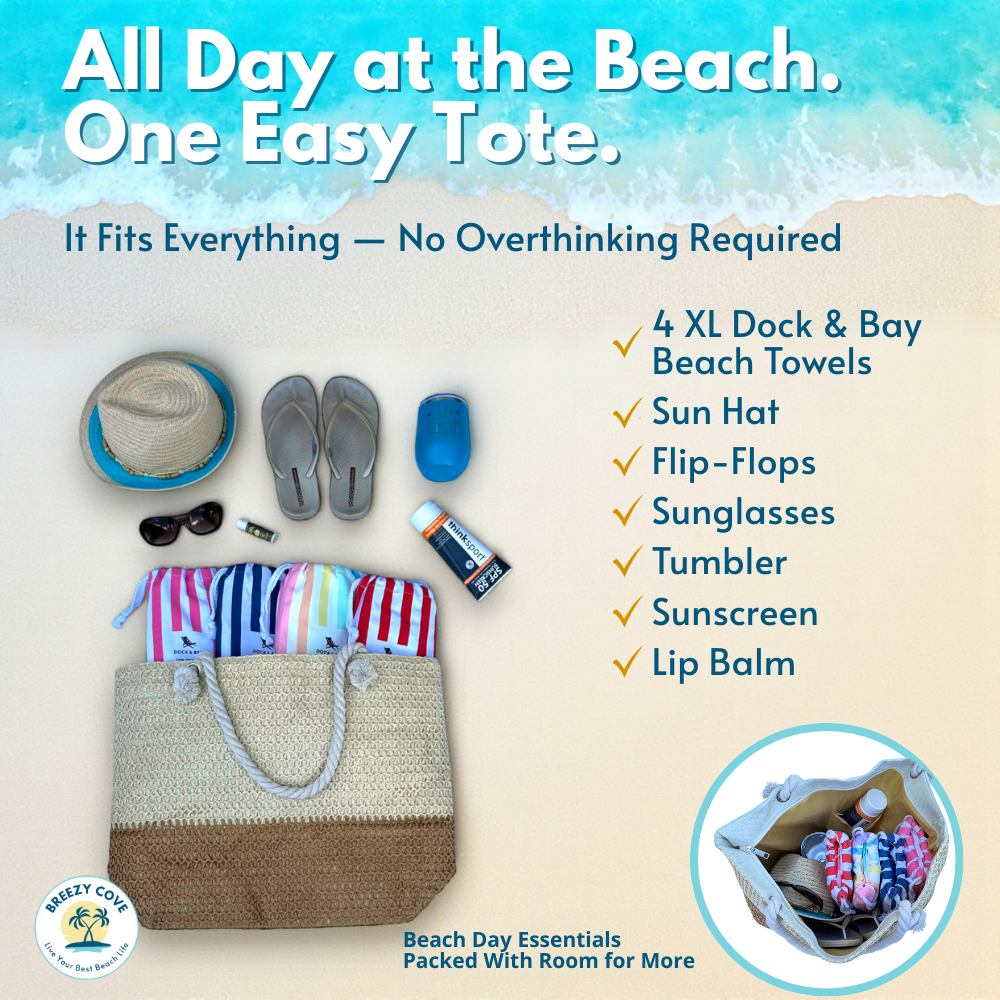 Flat lay of straw beach tote bag on light sand with checklist overlay showing beach essentials and ocean view in background
