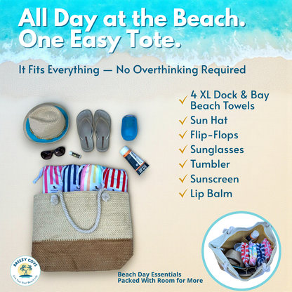 Flat lay of straw beach tote bag on light sand with checklist overlay showing beach essentials and ocean view in background