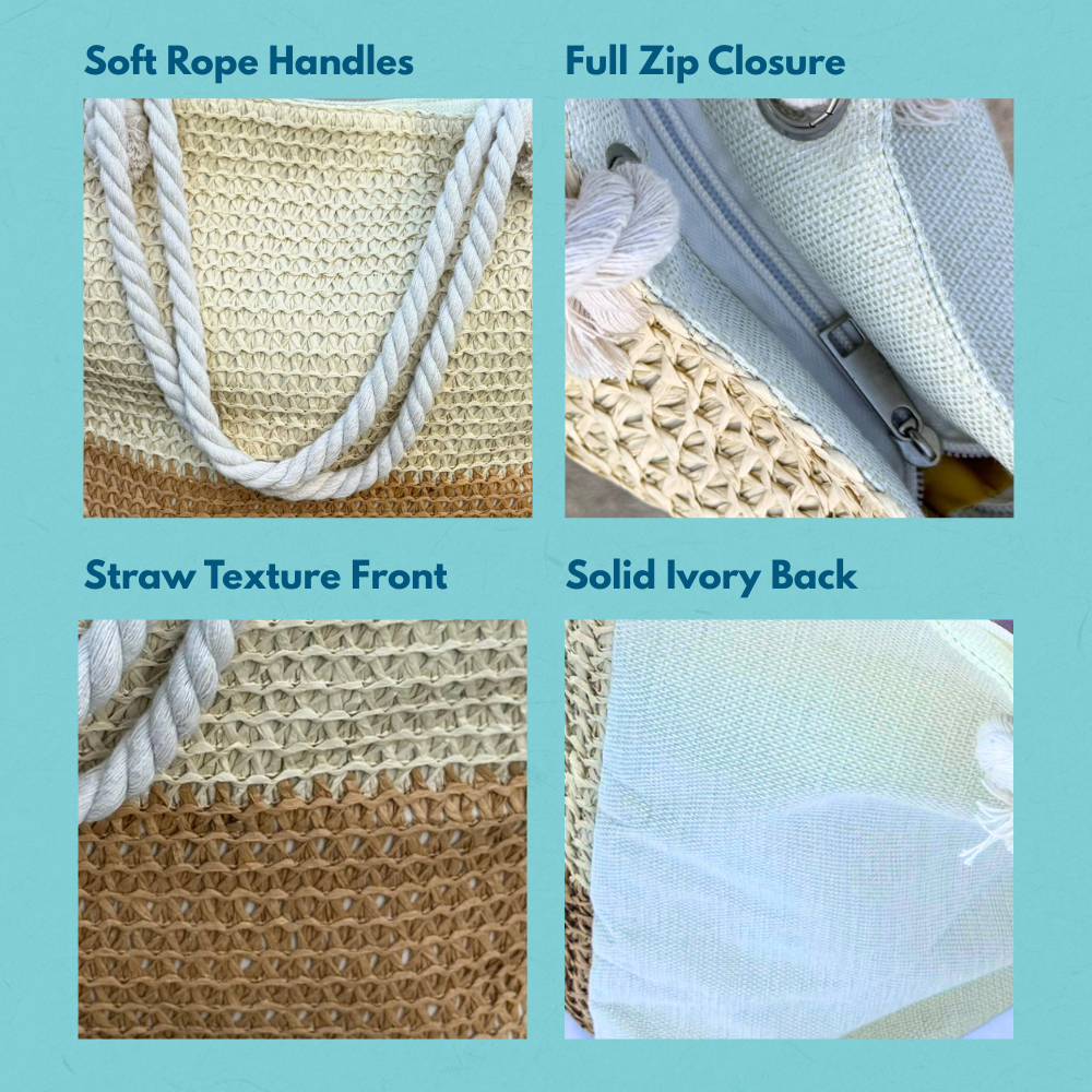 Collage showing details of straw beach bag including zipper closure, straw front, ivory canvas back, and thick rope handles