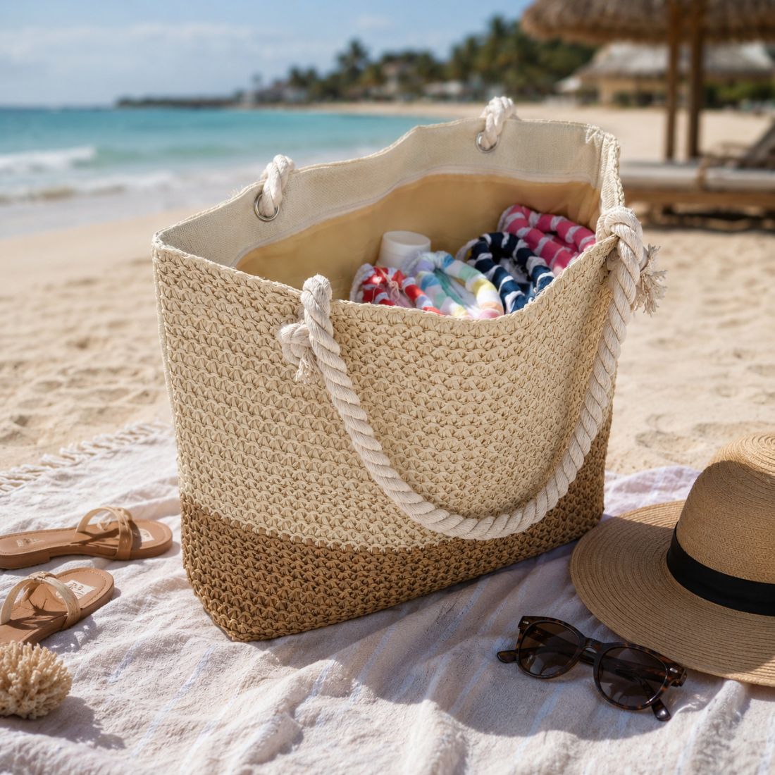 Packed view of large, straw beach tote bags with zipper for women fully packed with beach essentials on a beach blanket with ocean and loungers in the background.
